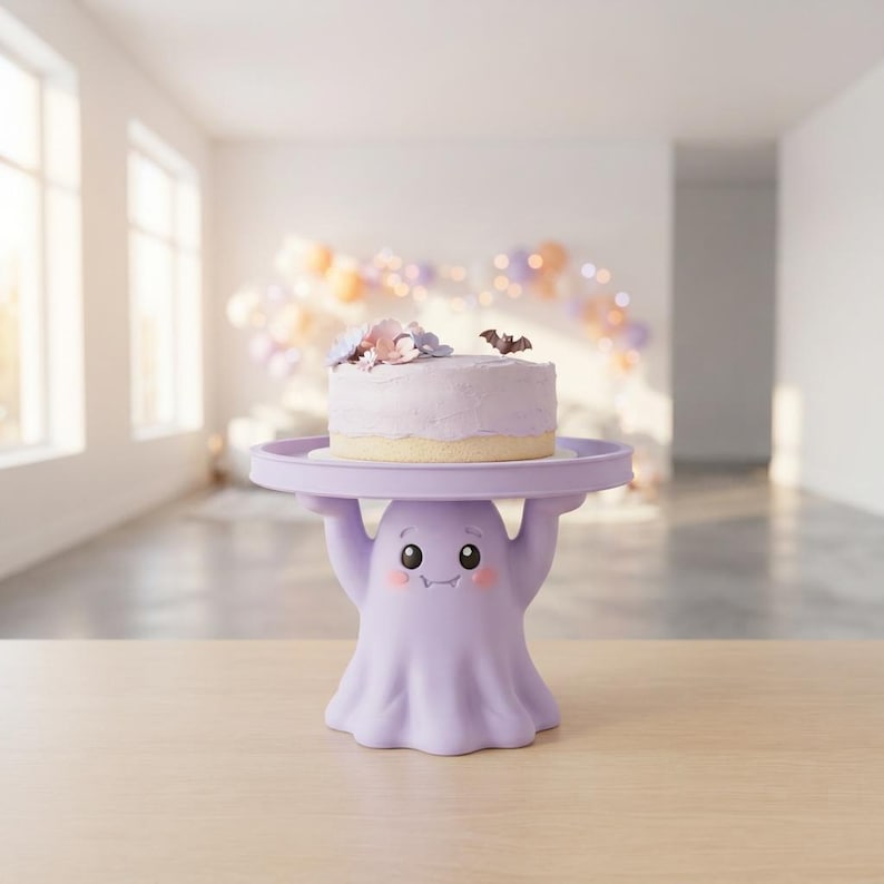 Pu&ograve; includere: Un'alzata per torte color viola chiaro a forma di fantasma con un volto sorridente e guance rosa. Il supporto sostiene una torta rotonda con glassa viola chiaro, decorata con piccoli fiori color pastello e una minuscola statuetta di pipistrello.