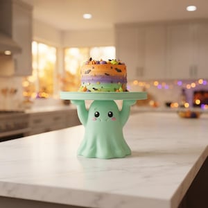 Pu&ograve; includere: Un'alzata per torte color verde menta chiaro a forma di fantasma amichevole con le braccia sollevate che sostiene una torta rotonda. La torta presenta strati orizzontali di glassa arancione, viola e verde decorati con piccoli pipistrelli neri e stelle dorate.