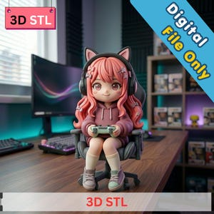May include: A 3D STL digital file of a figurine of a cartoon character with pink hair, wearing a hoodie and headphones, holding a game controller, and sitting in a gaming chair. The figurine is on a wooden desk with a computer and keyboard in the background. The text "Digital File Only" is visible.