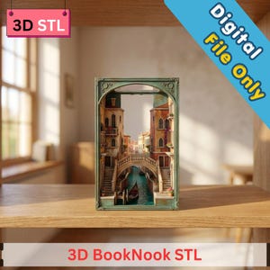 Può includere: Un file digitale 3D STL per un angolo libro con una scena di canale veneziano in miniatura, edifici a più piani, un ponte in pietra e una gondola. La cornice è verde acqua con volute decorative. Testo: 3D STL e Digital File Only.