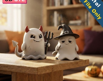 Schattige duivelgeest en heksengeest STL-bundel | Halloween decoratieset van 2 | Spookachtige spookbeeldjes | Decoratie voor op een plank | 3D-printbestanden