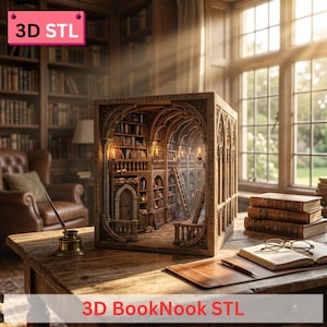 以下が含まれることがあります： 本棚、はしご、アーチ型のドアを備えた、詳細な木製の3D BookNook STLモデルの図書館シーン。 モデルは、本、メガネ、ペンが置かれた木製のテーブルの上にあります。 テキスト「3D STL」と「3D BookNook STL」が表示されています。