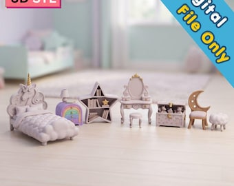Bundel met miniatuurmeubels in eenhoornstijl (STL-bestand) | Fantasievolle kinderkamerdecoratie | Magische poppenhuismeubelset | Leuke minikamerset | 3D-printbestanden