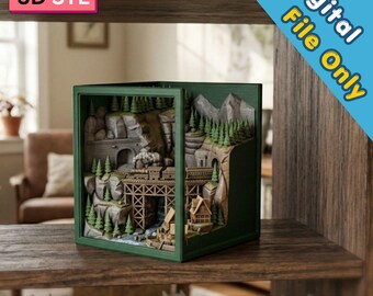Mountain Railway Book Nook STL | Woodland treinplank inzetstuk | Rustiek Canyon Diorama | Miniatuurspoorscène | 3D-afdrukbestand
