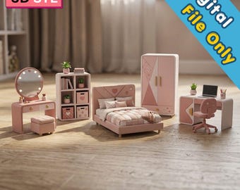 Miniatuurroze slaapkamer STL-bundel | Leuke kindermeubelset | Poppenhuiskamerdecoratie | Kawaii-slaapkamercollectie | 3D-afdrukbestanden