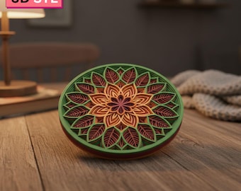 Gelaagde mandala-onderzetter STL | Drinkmat met fijn bladpatroon | (Digitale download)