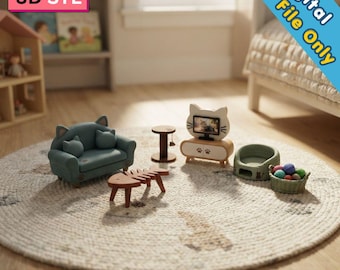 Bundel met miniatuur kattenmeubels in STL-formaat | Gezellige kattenwoonkamerset | Meubels voor huisdieren in poppenhuis | Leuke mini-kattendecoratie | 3D-printbestanden