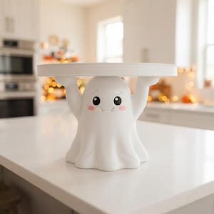 Pu&ograve; includere: Un'alzata per torte bianca con una base a forma di fantasma scolpito, le cui braccia sollevate sostengono il piano circolare. Il fantasma ha occhi neri, una piccola bocca con due zanne e guance rosa. L'intero oggetto &egrave; di colore bianco opaco.