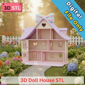 May include: A 3D doll house STL digital file featuring a multi-level structure with a light purple roof, a large pastel striped bow on top, and heart-shaped cutouts. The house has cream-colored walls, arched windows, and columns.