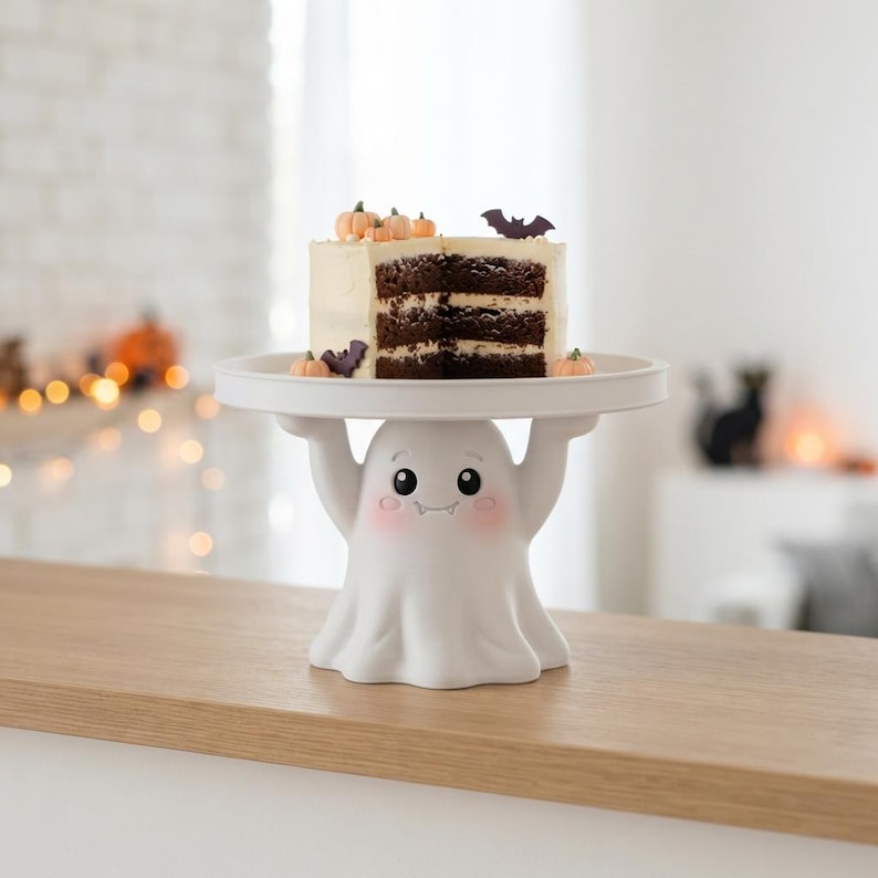 Pu&ograve; includere: Un'alzata per torte in ceramica bianca a forma di fantasma con le braccia sollevate che sostengono un vassoio circolare. Il fantasma ha occhi neri, una piccola bocca e guance rosa. Una torta al cioccolato con glassa bianca, piccole zucche arancioni e pipistrelli &egrave; posizionata sopra.