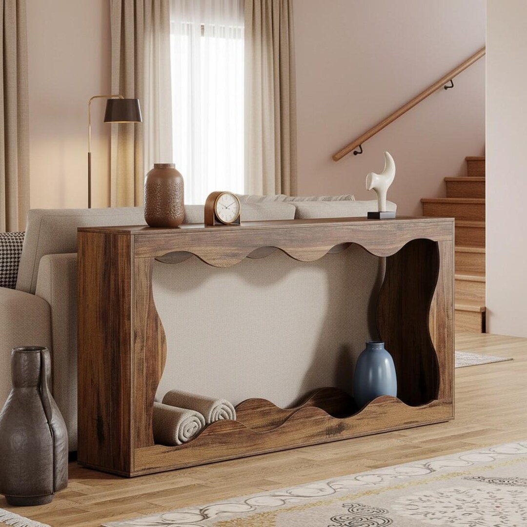 Farmhouse Console Table 63 Inch, Rustic Entryway Storage, Wavy Edge ...