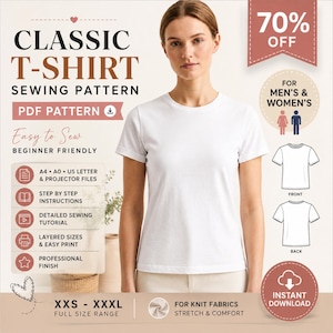 Basic Tee Sewing Pattern PDF for Men & Women, Unisex Crew Neck T Shirt Pattern, Knit Shirt Sewing Pattern, Printable A4 A0 US Letter PDF