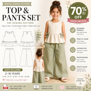 May include: A digital sewing pattern for a top and pants set, featuring a sleeveless cream-colored peplum top with side bows and wide-leg sage green trousers. The graphic includes technical line drawings, text, and icons for a PDF download.