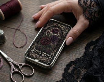 Estojo de agulhas magnético personalizado, lata de agulhas de costura com estampa de rosa gótica, porta-agulhas de viagem floral escuro, presente ideal para costureiras.