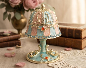 Enamel Trinket Box, Lamp Shaped Blue Pink Jewelry Holder