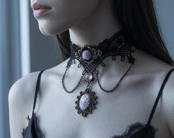 Black Lace Choker Necklace, Gothic Victorian Collar with Purple Floral Pendant