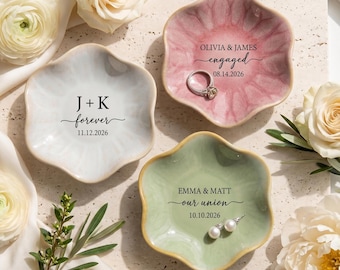 Custom Ceramic Ring Dish, Personalized Engagement Gift, Bridesmaid Jewelry Holder, Ring Bowl with Name & Date, Wedding Keepsake