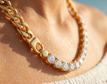 Half Chain Necklace, Cuban Curb Link Tennis Choker