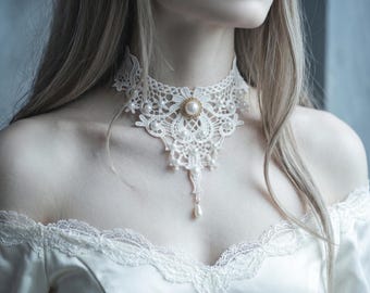 Gothic Lace Choker Necklace, Black Skull or White Pearl Victorian Collar