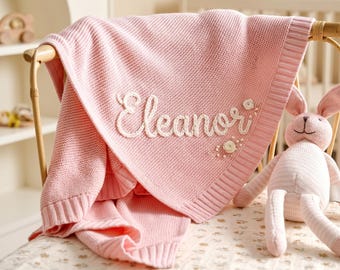 Hand Embroidered Baby Name Blanket - Custom Knit Newborn Keepsake Baby Shower Gift