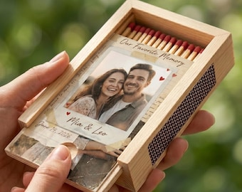 Custom Photo Matchbox Gift, Personalized Wooden Memory Box with Names & Date, Vintage Anniversary Gift, Boyfriend Girlfriend Gift