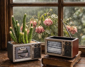 Retro TV Planter, Mini Succulent Pot, Kitsch Desk Decor Set