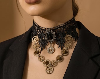 Black Lace Choker Necklace, Gothic Steampunk Bronze Tone Gear Collar