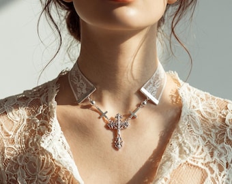 Ivory Lace Cross Choker, Silver Gothic Accessory for Alternative Bridal Look