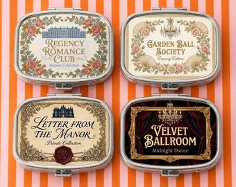 Portapillole Regency Ballroom con specchietto compatto, astuccio da viaggio decorativo per pillole, porta medicinali tascabile, regalo elegante per lei