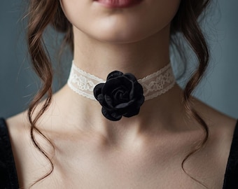 Gothic Lace Choker with Black Rose, Ivory Accent for Dark Coquette Outfit