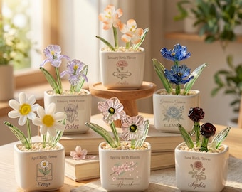 Personalized Glass Birth Month Flower in Pot, Mothers Day Glass Flower with Name, Grandma's Family Garden Pot, Gift for Mom from Kids