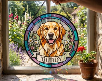 Personalized Pet Suncatcher, Stained Glass Pet Portrait with Name
