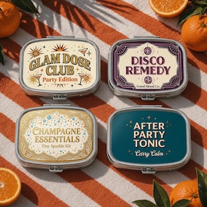 May include: Four rectangular metal tins with hinged lids. The top left tin is cream with the text GLAM DOSE CLUB Party Edition. The top right is purple with DISCO REMEDY Good Mood Co. The bottom left is gold with CHAMPAGNE ESSENTIALS Tiny Sparkle Kit. The bottom right is dark teal with AFTER PARTY TONIC Carry Calm.