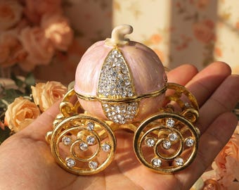 Pumpkin Carriage Jewelry Box, Pink Enamel Ring Holder, Rhinestone Trinket Box for Vintage Vanity Decor