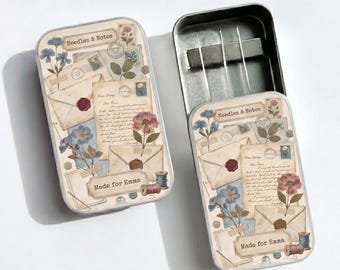 Custom Magnetic Needle Case, Personalized Botanical Sewing Needle Tin, Vintage Floral Travel Needle Holder Gift