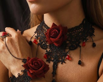 Rose Lace Choker Necklace, Gothic Vampire Collar Jewelry