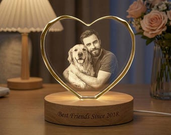 Custom Photo Crystal Lamp, Engraved Keepsake With Wood LED Base