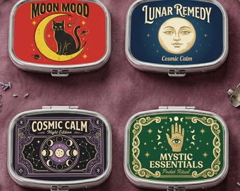 Custom Mini Vintage Pill Box, Personalized Small Pill Case for Purse, Moon Cat Travel Medicine Container Gift