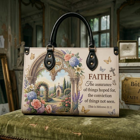 Christian Leather Handbag, Faith Bible Verse Bag, Vintage Floral Crossbody Tote, Religious Gift for Women, Elegant Church Bag