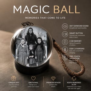 May include: A spherical Magic Ball device featuring a black base and a clear glass dome displaying a black and white photograph of four people. The device includes a textured brown wrist strap, 360-degree surround sound, a smart button, 4 GB of memory, and USB-C charging capabilities for video playback.