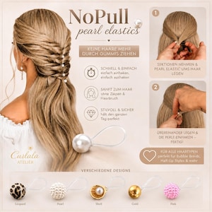 Könnte beinhalten: NoPull pearl elastics Haaraccessoires mit einer weißen Perle an einer transparenten elastischen Schlaufe. Das Bild zeigt eine Frisur mit mehreren Perlen-Haargummis, eine Anleitung sowie verschiedene Designs wie Leopardenmuster, Perle, Muschel, Gold und Pink.