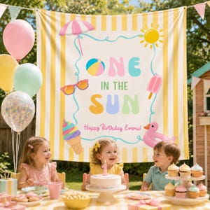 Personlig "One In The Sun"-födelsedagsgobeläng, anpassad födelsedagsfestbakgrund, sommarpoolpartybanderoll, 1-årsdagsflicka-smashcake-bakgrund