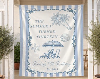 Bannière d'anniversaire L'été que j'ai tourné, tapisserie d'anniversaire de plage personnalisée, décorations de fête d'anniversaire sur la côte, cadeau de décoration murale pour fête d'adolescente