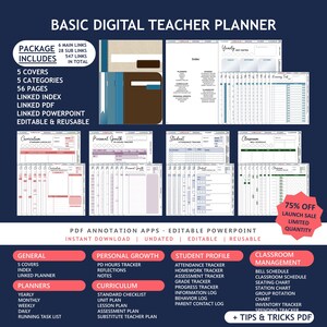 May include: A digital teacher planner featuring 56 pages, 5 covers, and 547 total links. The layout includes sections for curriculum, personal growth, student profiles, and classroom management, with text labels for trackers, schedules, and logs.