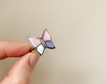Vintage Sterling Silver & Pastel Multi-Coloured Shell Butterfly Ring- Size 7 1/4