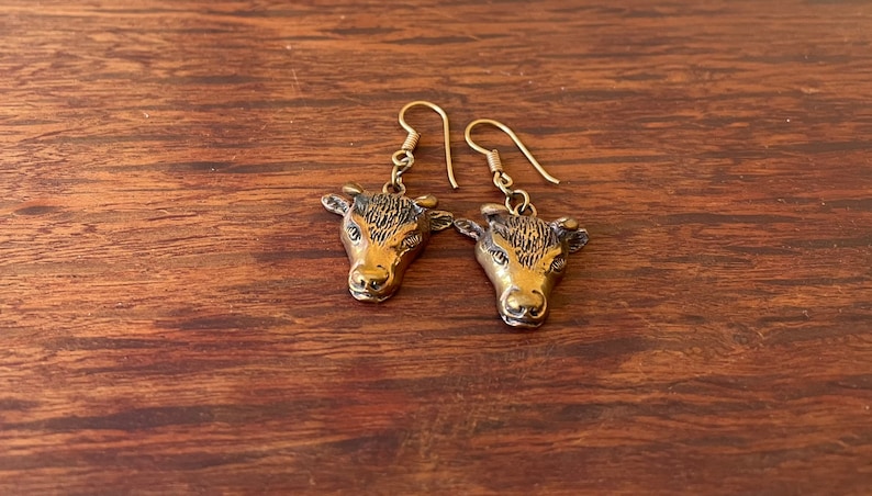 Bull Earrings Vintage 1980's Bronze Western image 1