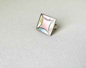 Vintage Sterling Silver Square Pastel Shell Statement Ring