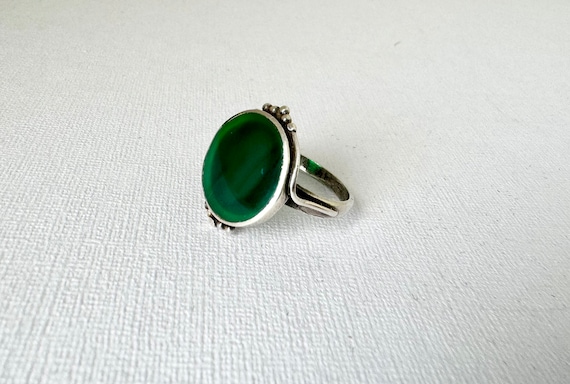 Vintage Sterling Silver & Round Green Agate Stone… - image 2