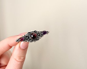 Vintage Sterling Silver Boho Garnet and Amethyst Stone Brooch