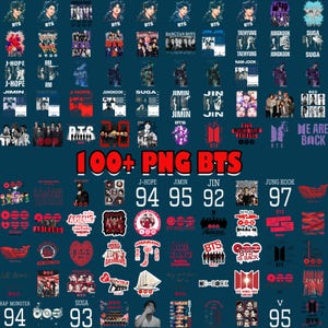 Op de afbeelding: Een verzameling van meer dan 100 PNG-afbeeldingen met de Zuid-Koreaanse boyband BTS. De afbeeldingen bevatten individuele leden, groepsfoto's, logo's en tourgraphics. De achtergrond is een blauwgroene kleur, met de tekst "100+ PNG BTS".